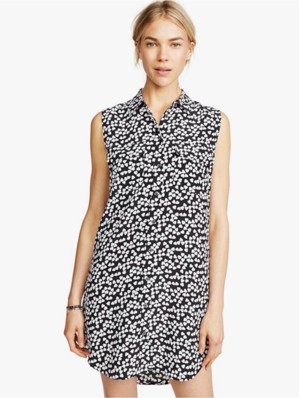 EQUIPMENT FEMME | Black and White Endless Hearts 100% Silk Shirt Dress Sz. XS